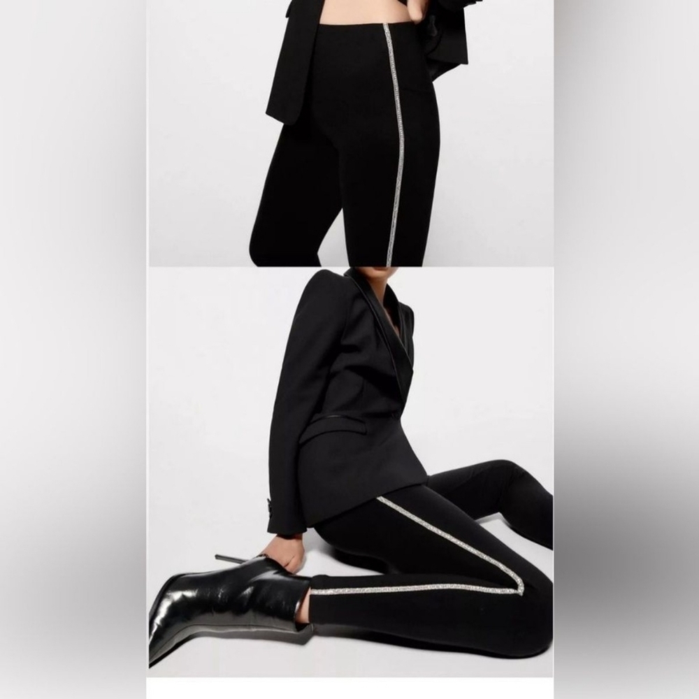 Black Leggings with Silver Rhinestone Detail on Leg Zara